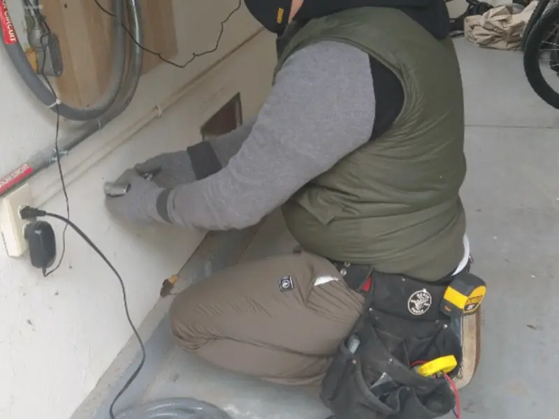 Electrician performing outlet wiring in a Newport Beach garage